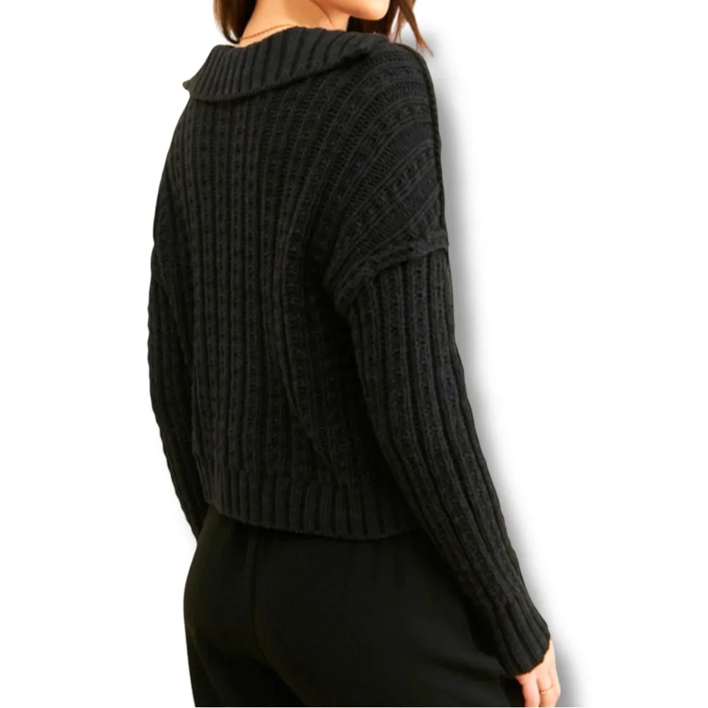 Free People Black/Navy V-Neck Cable Knit Cropped Long Sleeve Sweater With Collar - Picture 4 of 16